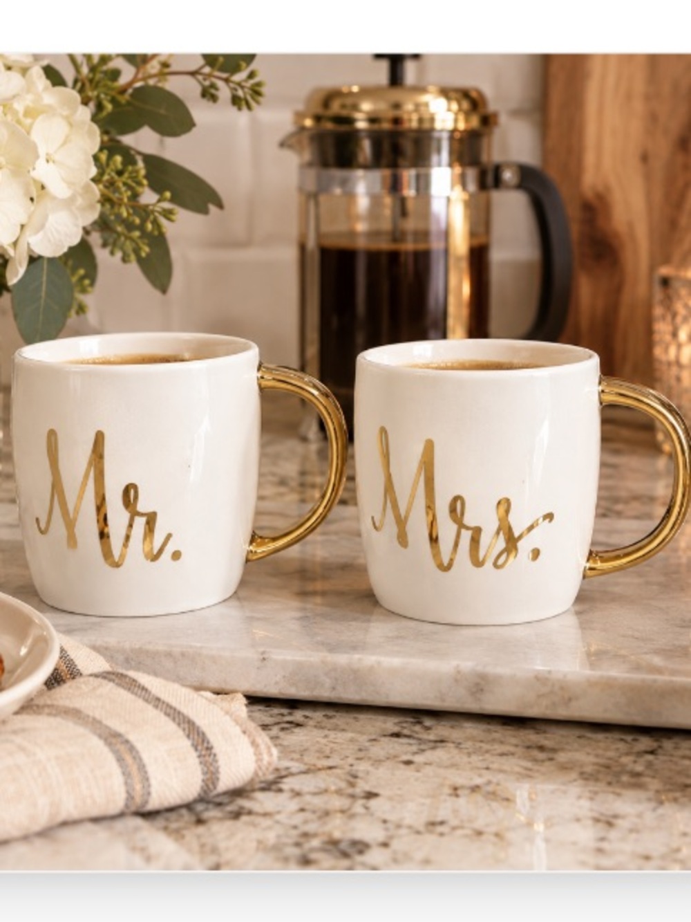 Mr. & Mrs. White Ceramic Mug Set with Gold Handles